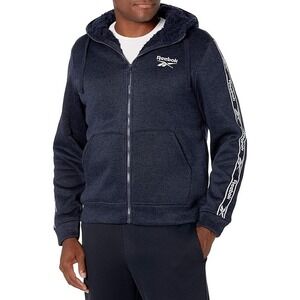 Reebok Mens Full Zip Sporty Jacket Size L Navy Blue-White Hooded Sherpa Lining